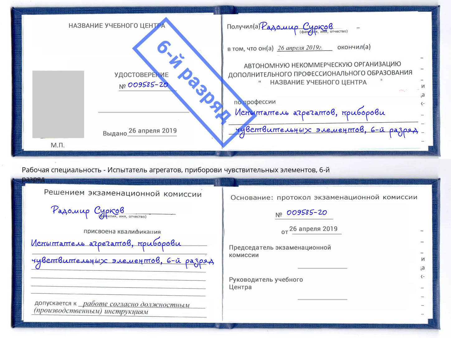 корочка 6-й разряд Испытатель агрегатов, приборови чувствительных элементов Лысьва