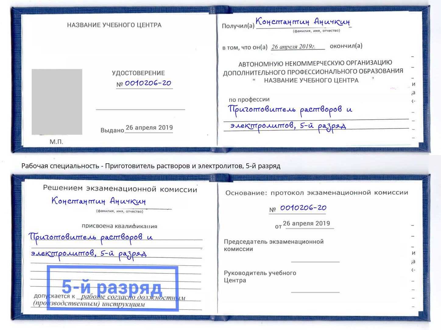 корочка 5-й разряд Приготовитель растворов и электролитов Лысьва