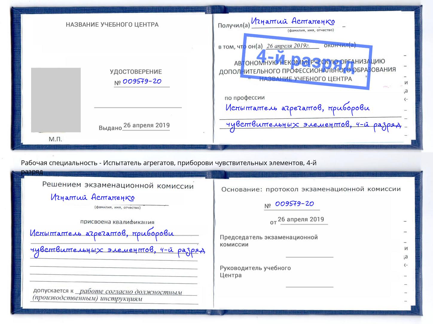 корочка 4-й разряд Испытатель агрегатов, приборови чувствительных элементов Лысьва