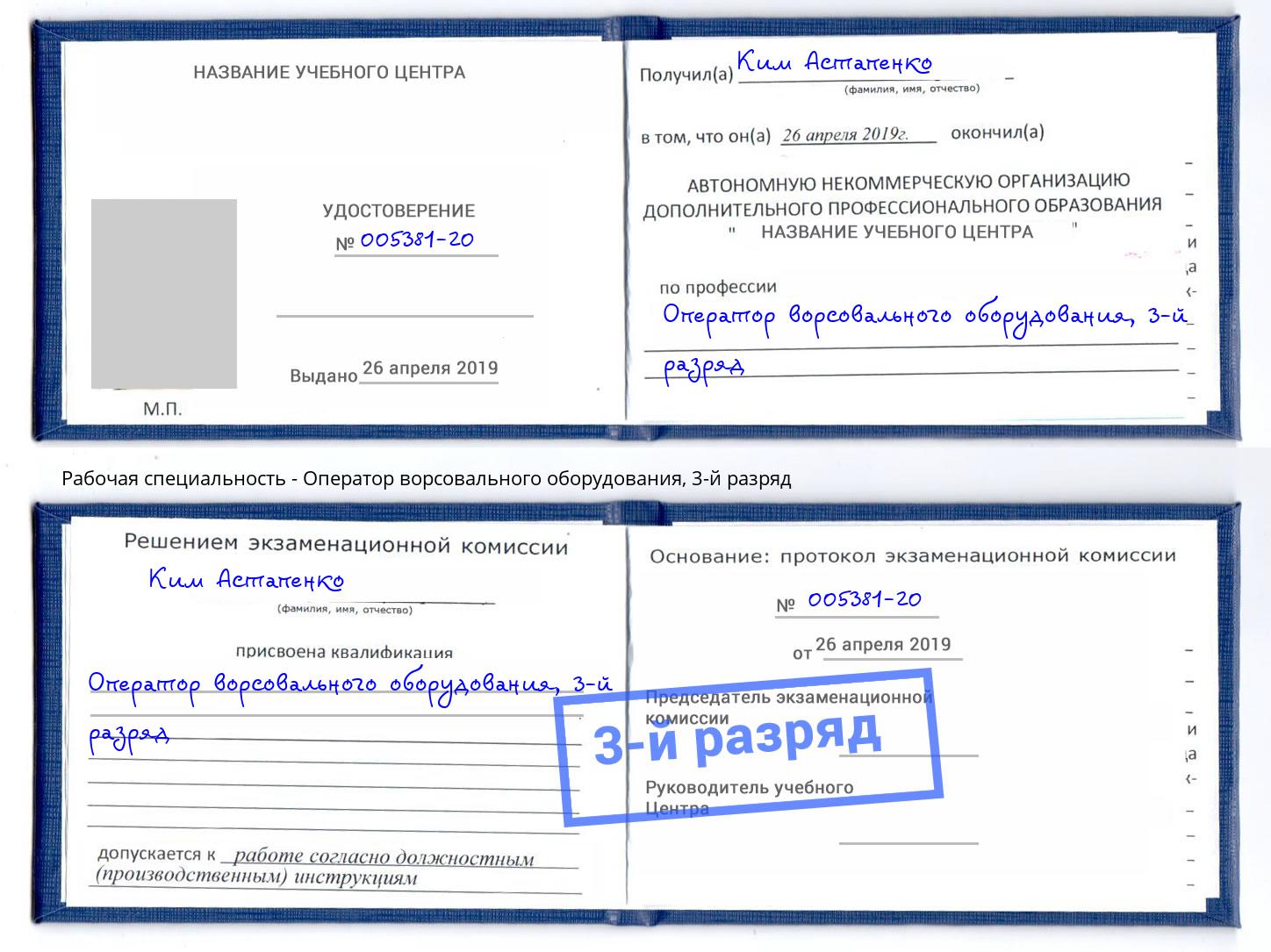 корочка 3-й разряд Оператор ворсовального оборудования Лысьва