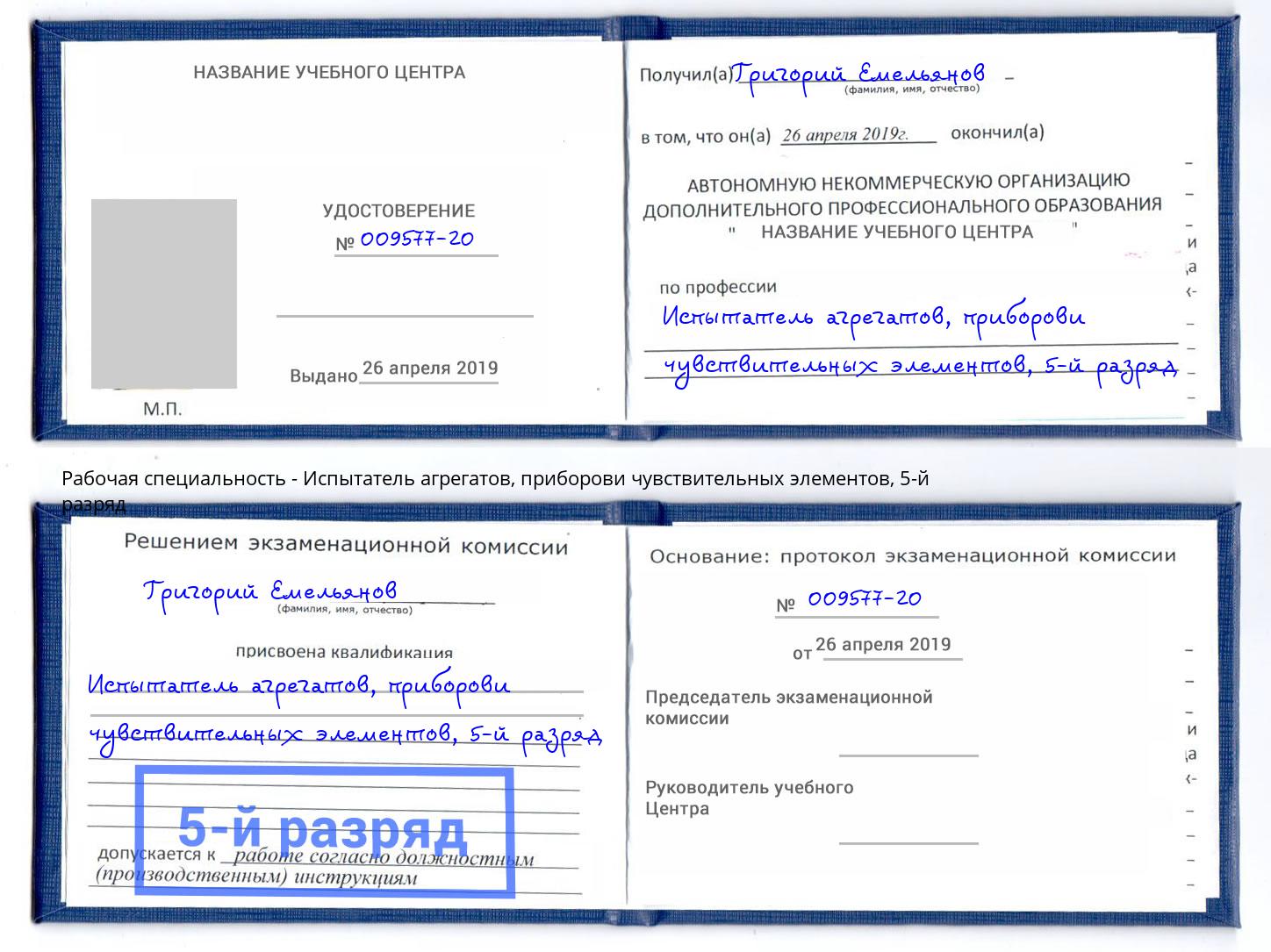 корочка 5-й разряд Испытатель агрегатов, приборови чувствительных элементов Лысьва