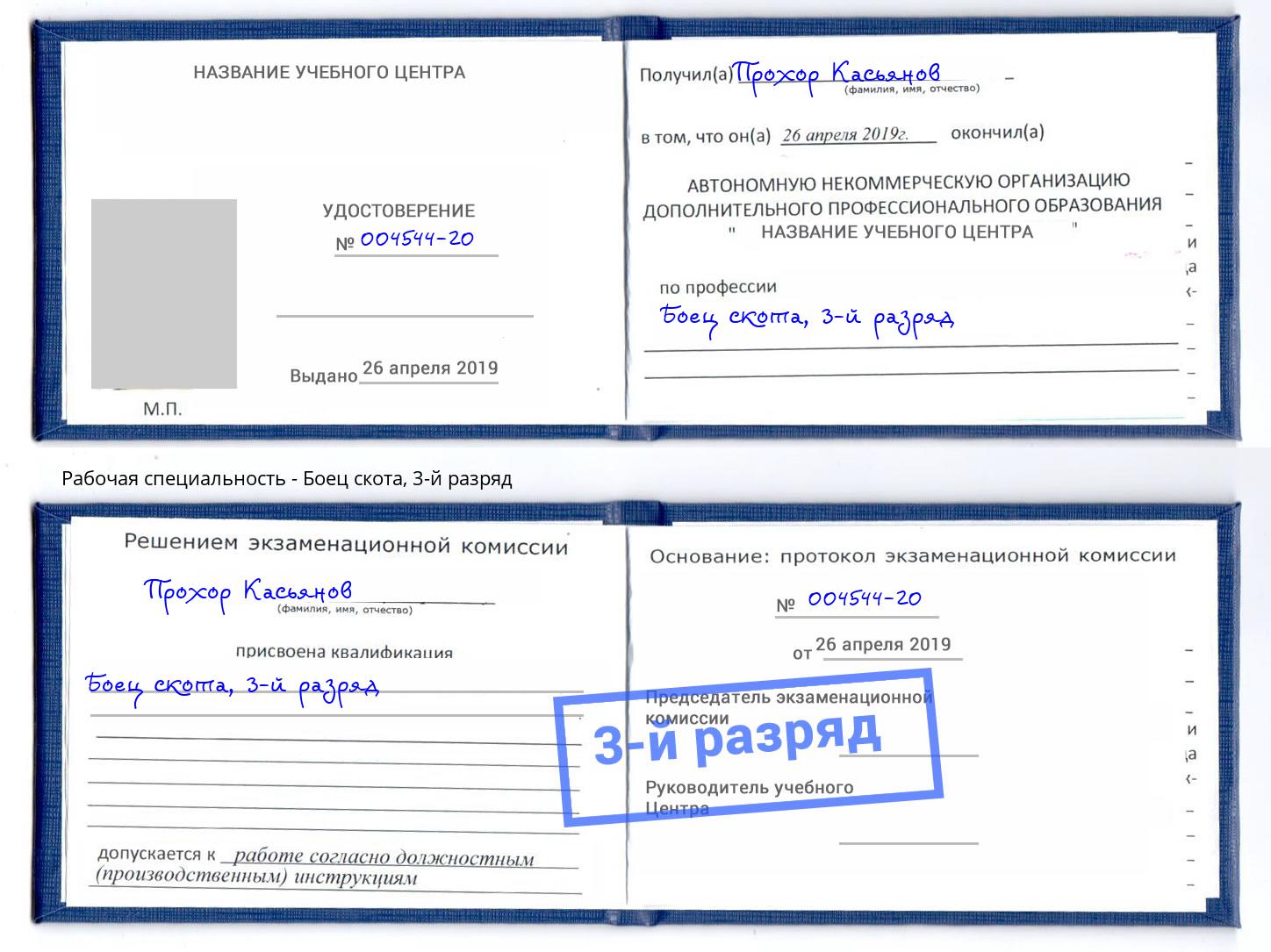 корочка 3-й разряд Боец скота Лысьва