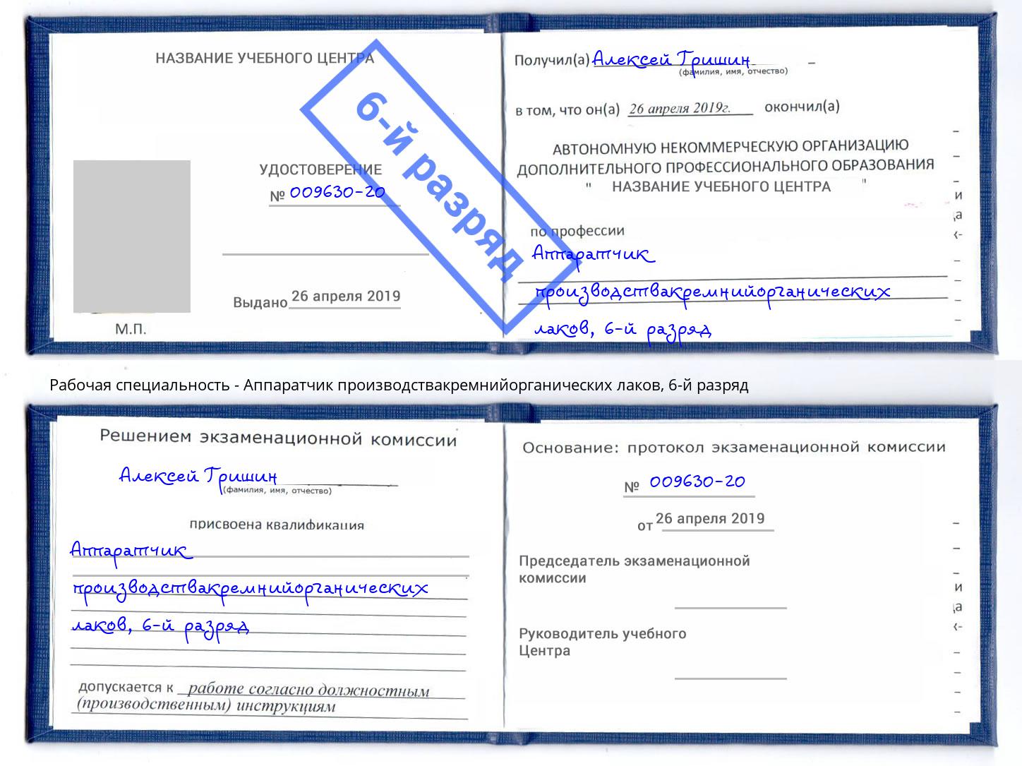 корочка 6-й разряд Аппаратчик производствакремнийорганических лаков Лысьва