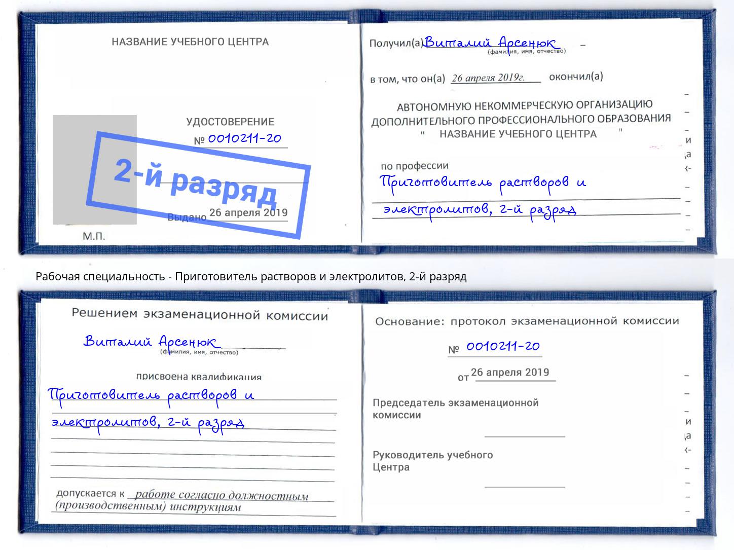 корочка 2-й разряд Приготовитель растворов и электролитов Лысьва