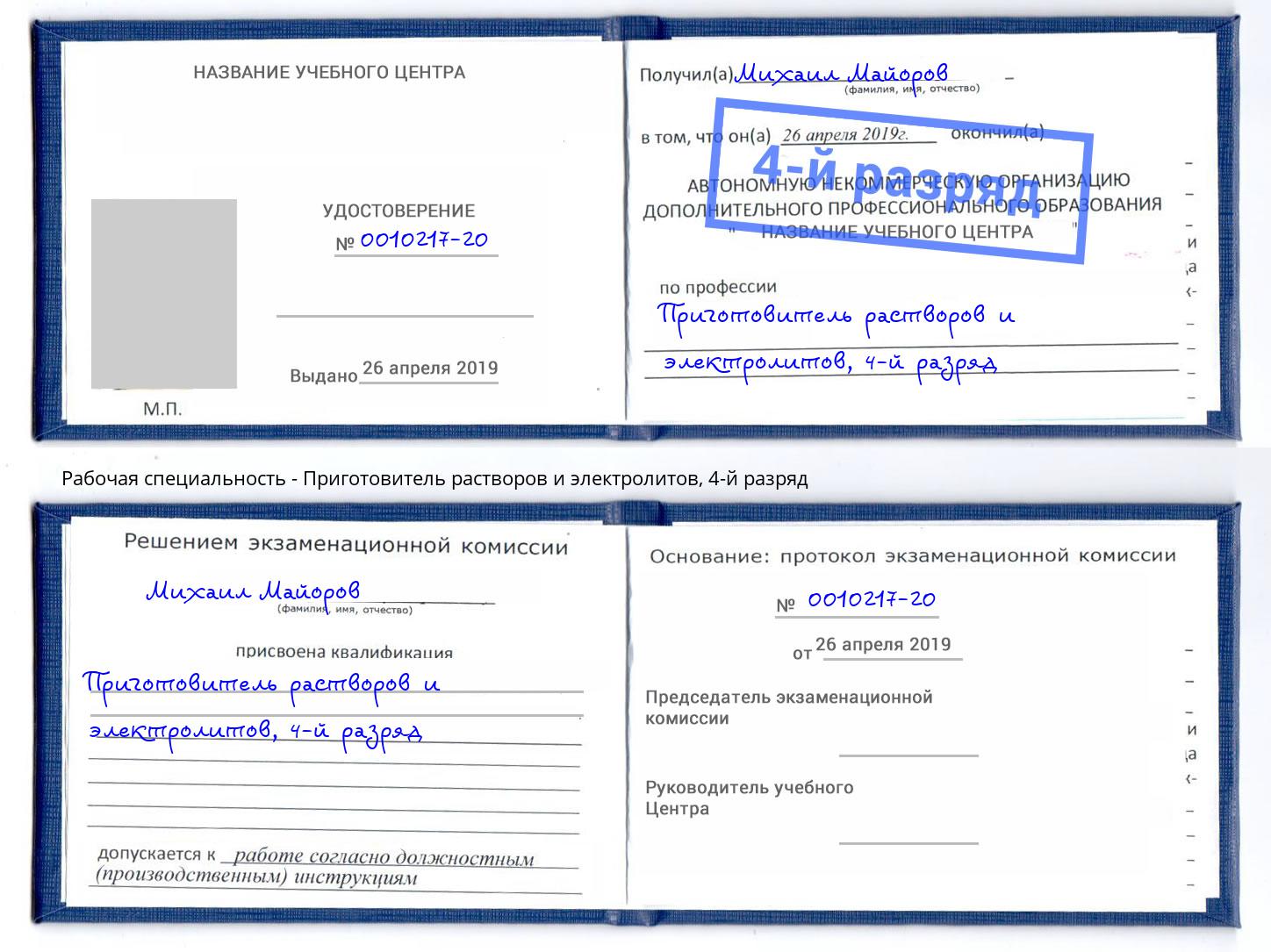 корочка 4-й разряд Приготовитель растворов и электролитов Лысьва