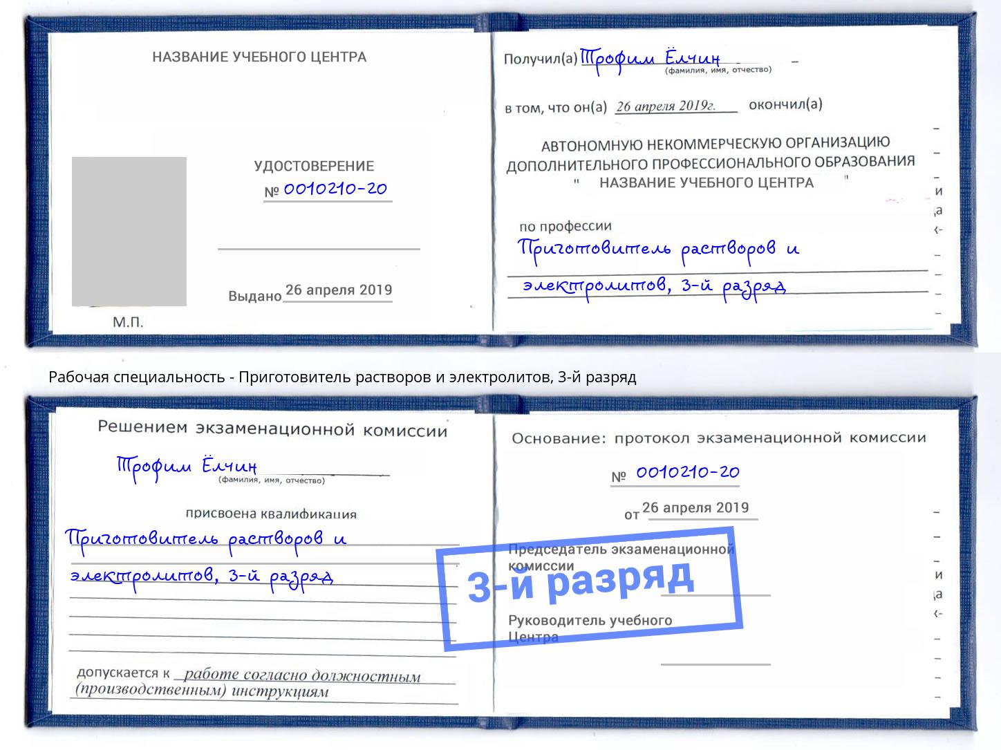 корочка 3-й разряд Приготовитель растворов и электролитов Лысьва