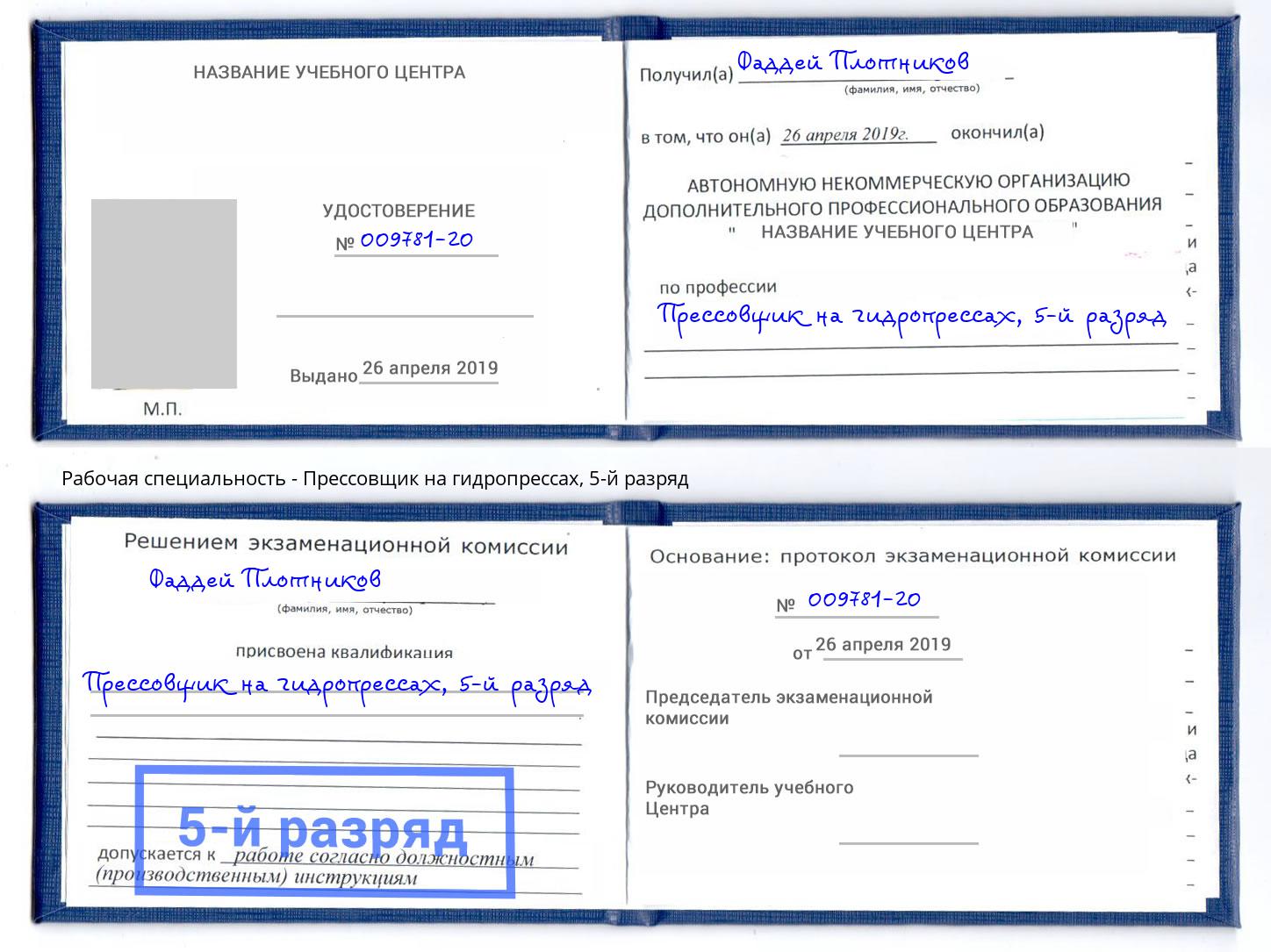 корочка 5-й разряд Прессовщик на гидропрессах Лысьва