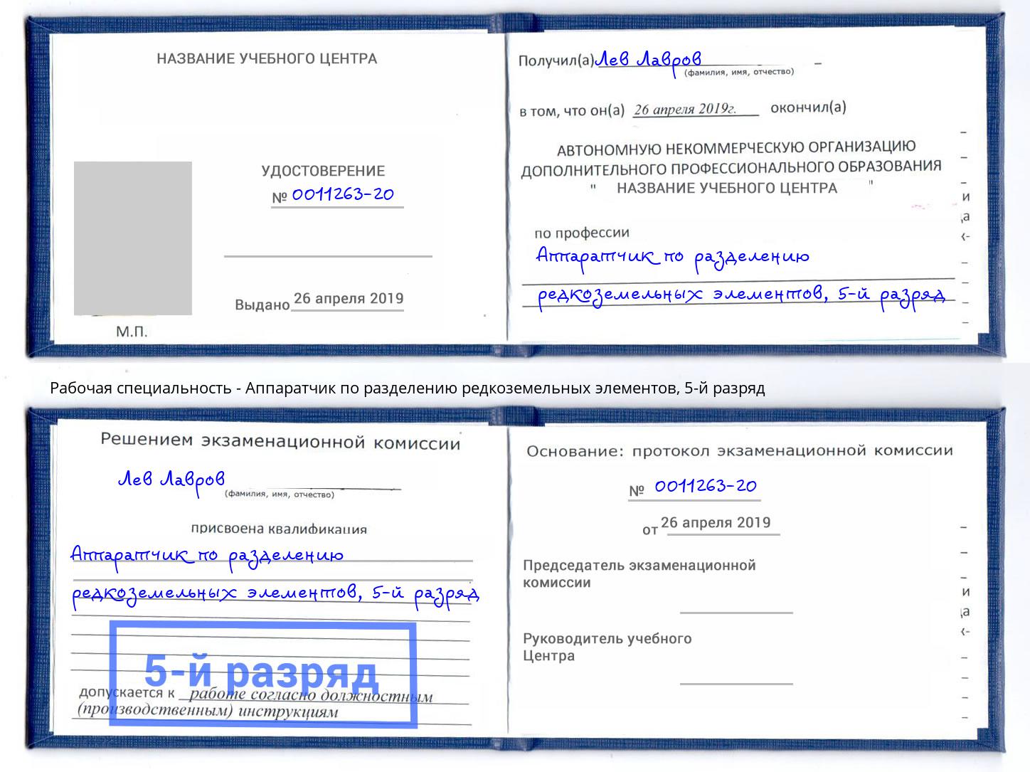 корочка 5-й разряд Аппаратчик по разделению редкоземельных элементов Лысьва