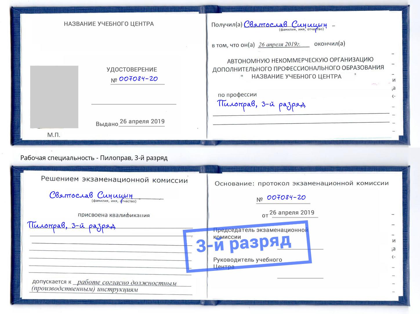 корочка 3-й разряд Пилоправ Лысьва